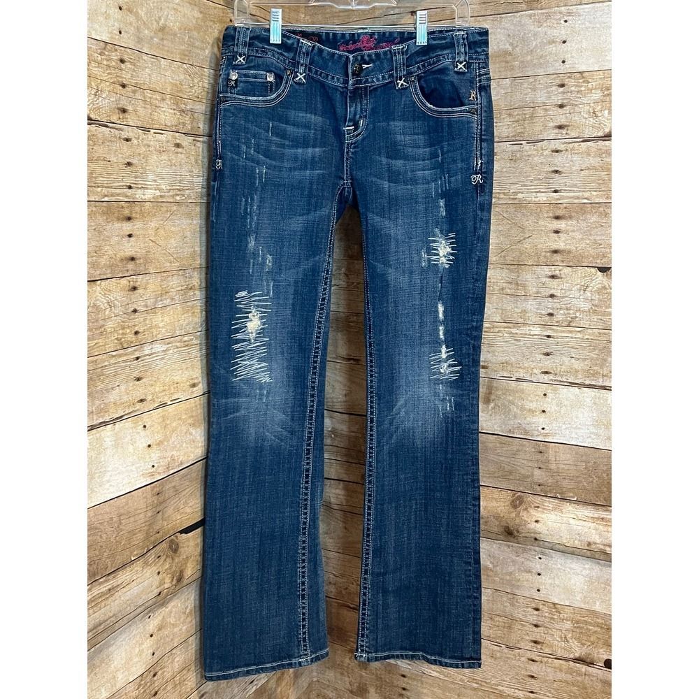 ROCK AND ROLL COWGIRL LOW RISE DISTRESSED BOOTCUT WESTERN BLING RODEO JEANS